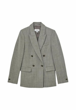 Szürke halszálkamintás, kétsoros gombolású blézer bemetszett gallérral, két első zsebbel és réz gombokkal díszítve.