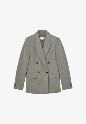 Szürke halszálkamintás, kétsoros gombolású blézer bemetszett gallérral, két első zsebbel és réz gombokkal díszítve.