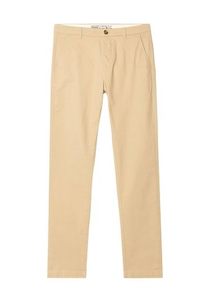 Beige chinot, joissa on tasainen etuosa, kaksi sivutaskua ja vyölenkit. Valmistettu sileästä puuvillakankaasta, suoralahkeinen leikkaus ilman näkyviä kuvioita.