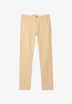Beige Chinos mit flachem Bund, zwei Seitentaschen und Gürtelschlaufen. Hergestellt aus glattem Baumwollstoff mit geradem Beinschnitt und ohne sichtbare Muster.