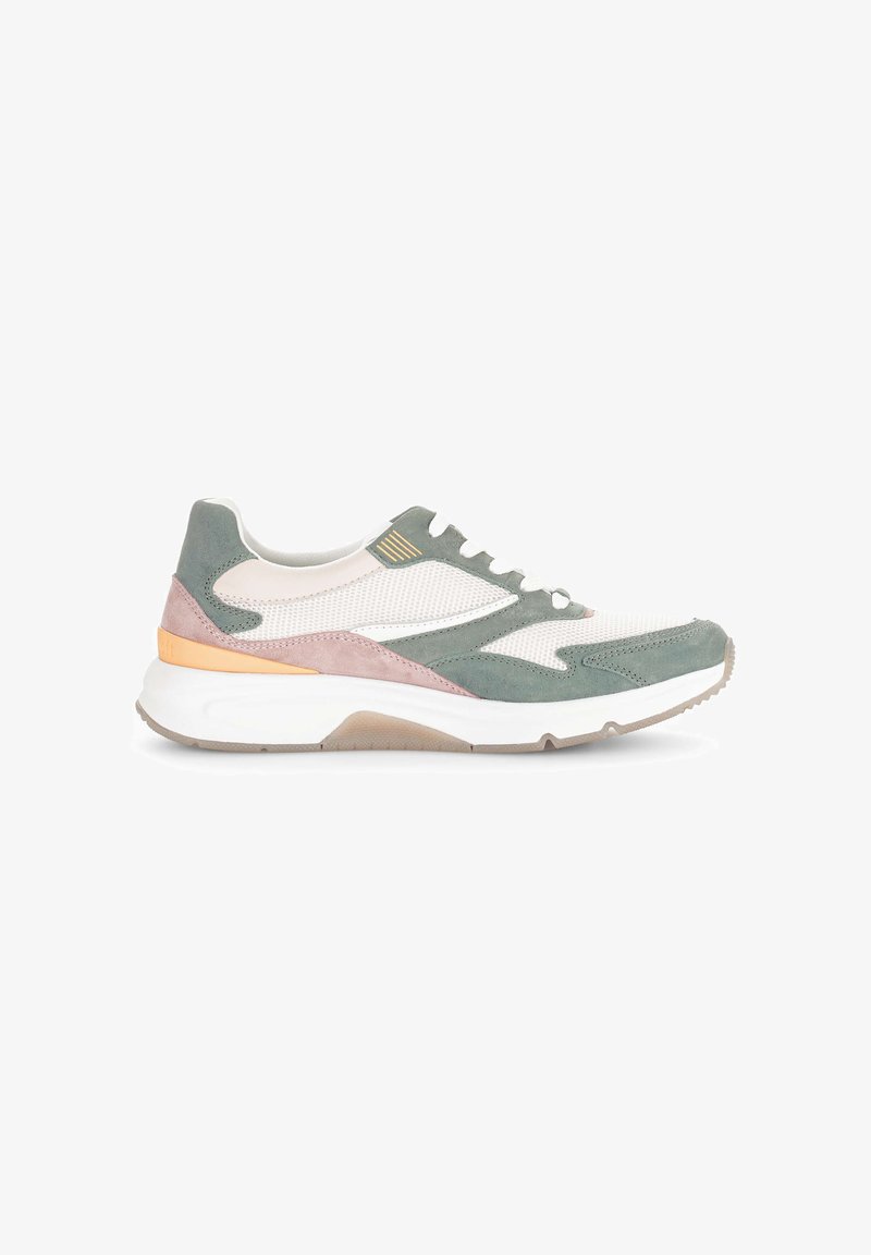 Casual sneaker with white mesh, green and pink suede panels, white laces, orange accent, and thick white sole on a white background.