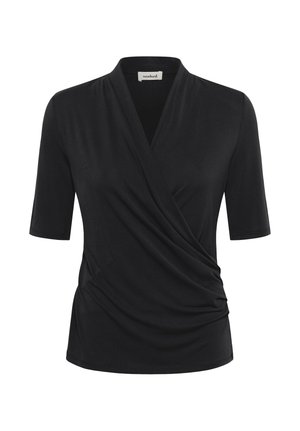 Fekete, rövid ujjú, átlapolós stílusú felső V-nyakkivágással és oldalán ráncolással, a gallér belső oldalán "soaked" felirattal.