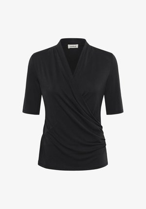 Fekete, rövid ujjú, átlapolós stílusú felső V-nyakkivágással és oldalán ráncolással, a gallér belső oldalán "soaked" felirattal.