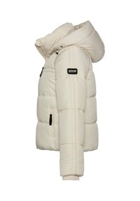 Dunjakke i lys beige med hætte, quiltet design, sidelommer med lynlås og et logopatch på ærmet. Blød tekstur og isolerende materiale.