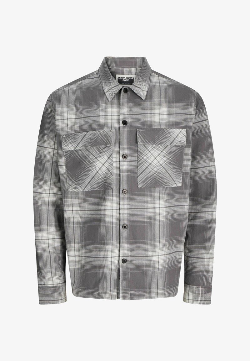 Šedá a biela károvaná košeľa s gombíkmi, dvoma veľkými vreckami na klopách a klasickým golierom.