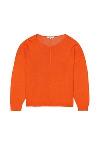 Oranje gebreide trui met een ronde halslijn, verlaagde schouders en geribde zoom. Textuurstof met een ontspannen pasvorm.