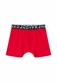 Röda kalsonger av mjukt tyg, med en svart midjeband som har "DANDYFRANK"-logotypen i vitt. Slät textur och figurnära design.