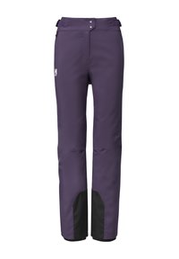 Pantalons de ski imperméables violets avec des jambes inférieures renforcées noires, une taille ajustable et une finition en tissu lisse et durable.