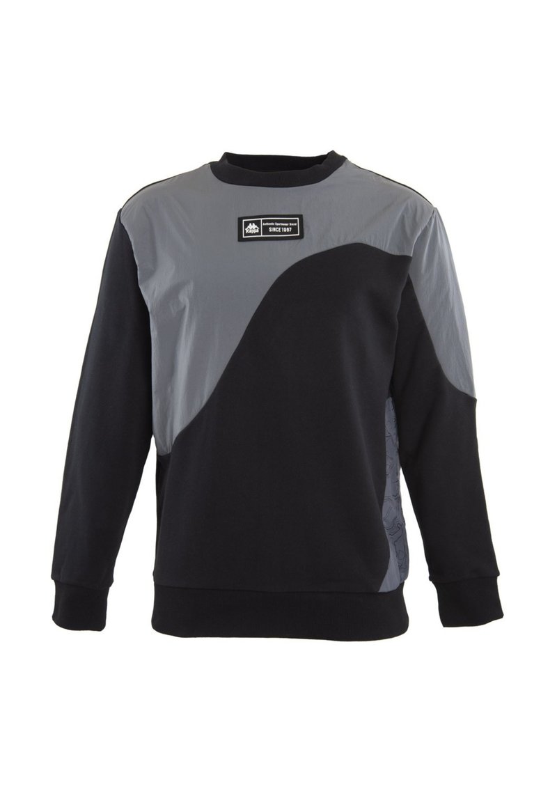 Felpa nera con pannello grigio, design curvo. Presenta un collo rotondo e un tessuto testurizzato sui lati. L'etichetta sul petto riporta la scritta "Dal 1987".