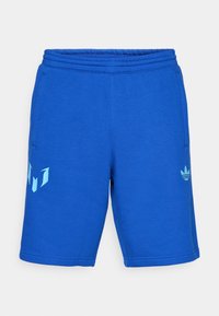 Calções desportivos de algodão azuis com cintura elástica, dois bolsos laterais e detalhes em azul claro no lado esquerdo da perna e na cintura.
