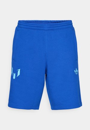 Blue cotton athletic shorts with an elastic waistband, two side pockets, and light blue logo accents on the left leg and waistband.