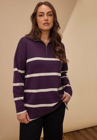 Lila gestreifter Pullover mit einem halben Reißverschlusskragen, der weiße horizontale Streifen, lange Ärmel und eine lässige Passform aufweist. Strukturierter Strickstoff.