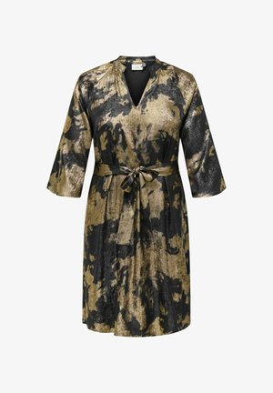 Abito di mezza lunghezza nero e oro con scollatura a V, maniche larghe e una cintura annodata in vita. Il tessuto texturizzato presenta un motivo marmorizzato.