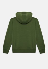 Sweatshirt verde-oliva com capuz, feito de um material macio. Apresenta punhos e bainha canelados, com uma textura suave e sem padrões visíveis.