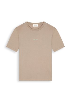 Beige cotton T-shirt with short sleeves, crew neckline, and a subtle "PURE PATH" print in light blue across the chest.