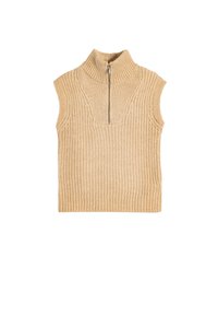 Suéter sin mangas de punto beige con un alto cuello acanalado y una cremallera frontal, que presenta un diseño texturizado y un bajo recto.
