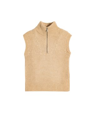 Suéter sin mangas de punto beige con un alto cuello acanalado y una cremallera frontal, que presenta un diseño texturizado y un bajo recto.