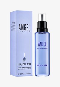 Flacone di profumo in vetro blu con erogatore trasparente accanto a una scatola azzurro chiaro. Il testo recita "ANGEL STELLAR," "MUGLER," e dettagli sulla capacità.