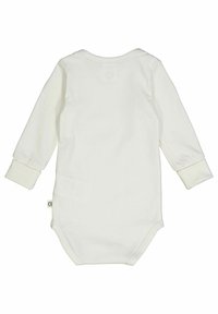 Dlouhý rukáv dětský overal z měkké bílé bavlny, se zaobleným výstřihem a manžetami na rukávech, se zapínáním na patentky ve spodní části.