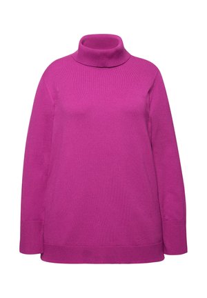 Maglione a collo alto fucsia con maniche lunghe, texture a maglia e orlo a costine. Presenta una vestibilità morbida e spalle senza cuciture.