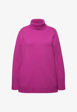 Fuchsia turtleneck sweater with long sleeves, knit texture, and ribbed hem. Features a relaxed fit and seamless shoulders.