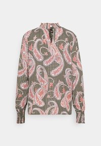 Blouse à manches longues en vert olive avec des motifs paisley et pois. Dotée d'un col froncé et de poignets élastiques pour plus de confort.