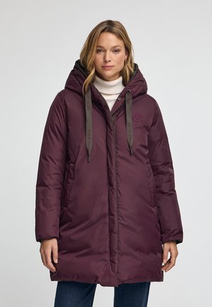 Burgundy puffer coat with a hood, featuring dark drawstrings, a logo on the chest, and a zippered front. Smooth, padded texture.