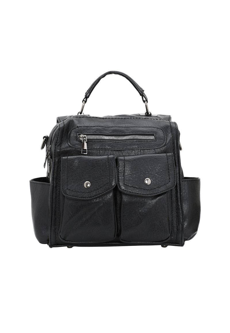 Czarna skórzana torba z dwoma przednimi kieszeniami, górnym uchwytem i zapięciem na zamek. Posiada srebrne okucia i fakturowane wykończenie.