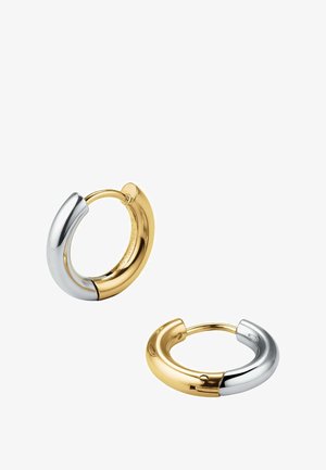 Boucles d'oreilles en or et en argent, présentant un design incurvé avec des finition métalliques contrastées. Chaque boucle d'oreille a une surface brillante et lisse.