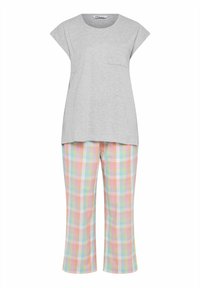 Grijze korte mouw top met een borstzak, gecombineerd met meerkleurige geruite pyjamabroek in pastelkleuren en een ontspannen pasvorm.