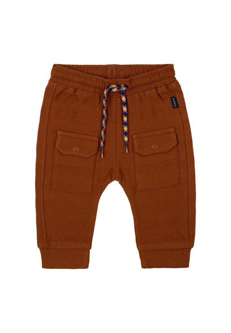 Bruine corduroy broek met twee voorzakken, ribbelmanchetten en een visgraatstructuur. Voorzien van een meerkleurige koord.