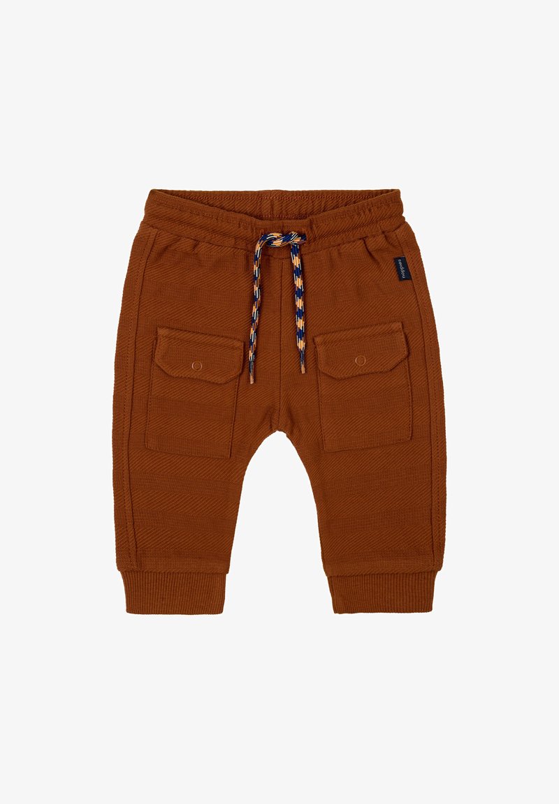 Bruine corduroy broek met twee voorzakken, ribbelmanchetten en een visgraatstructuur. Voorzien van een meerkleurige koord.