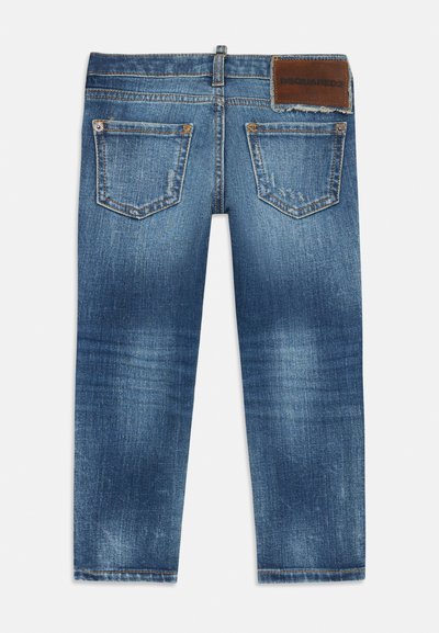 Blue denim jeans with a straight cut, featuring two back pockets, light fading, and a brown leather brand patch on the waistband.
