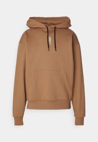 Bruine hooded sweatshirt met zwarte trekkoorden, voorzak in kangoeroestijl, geribde boorden en kleine witte tekst "7 Days Active" op de borst.