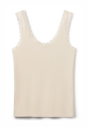 Canotta beige chiaro con scollo a V e rifiniture in pizzo smerlato sulle spalline e sul collo, realizzata in un tessuto morbido a coste.