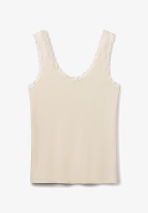 Canotta beige chiaro con scollo a V e rifiniture in pizzo smerlato sulle spalline e sul collo, realizzata in un tessuto morbido a coste.