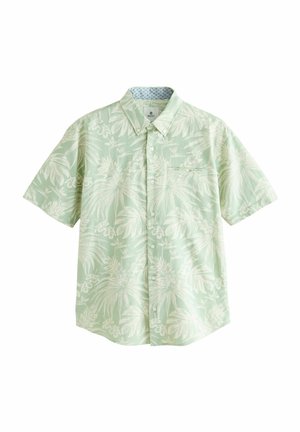 Mintgrünes Kurzarmhemd mit weißem tropischem Blattmuster, einem button-down Kragen und einer einzelnen Brusttasche.