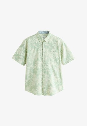 Mintgrünes Kurzarmhemd mit weißem tropischem Blattmuster, einem button-down Kragen und einer einzelnen Brusttasche.