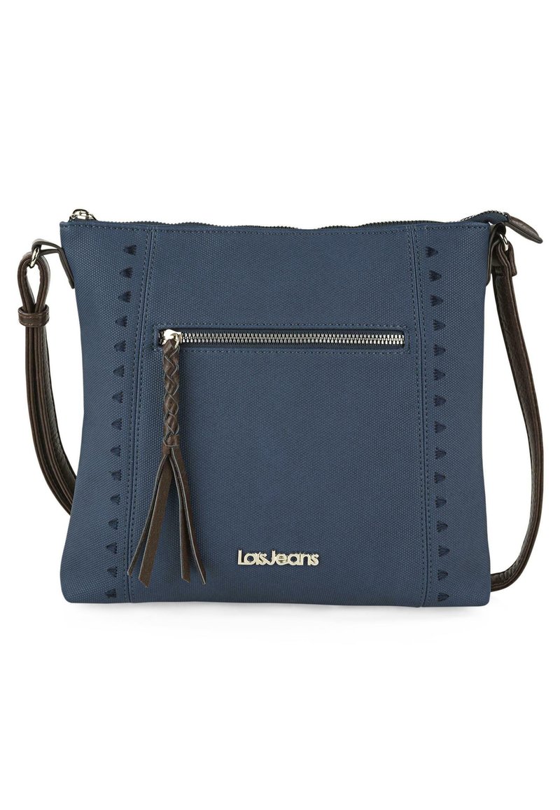 Bolso de mano azul marino hecho de tejido texturizado; cuenta con un bolsillo frontal con cremallera, un borlas trenzada y una correa marrón en contraste con costuras decorativas.