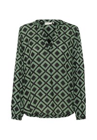 Blouse à manches longues verte et noire avec un motif en losange, un décolleté en V et une coupe légèrement ample avec des manches à poignets.