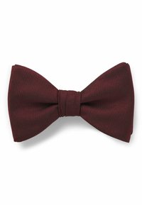Dunkelrotes und schwarzes gestreiftes Fliegenband mit einem zentralen Knoten, auf einem weißen Hintergrund präsentiert.