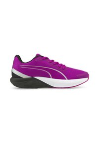 Scarpa sportiva viola con upper in mesh, dettagli neri, intersuola bianca e rifiniture argento. Presenta una punta arrotondata e una suola testurizzata.