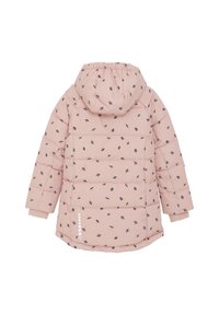 Veste rose épaisse avec capuche, ornée d'un motif floral sombre en petits motifs, poignets élastiques et un ourlet arrondi. Le design matelassé offre une isolation.
