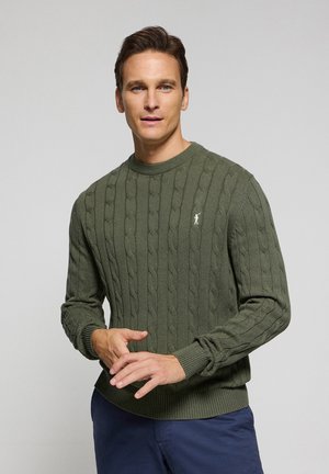 Green ribbed knit sweater featuring cable patterns, crew neckline, and fitted cuffs. Small embroidered logo on the chest.