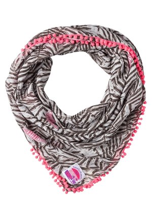 Jasnoszary szalik z ciemnobrązowymi wzorami liści, ozdobiony różowymi frędzlami z pomponami i fioletową metką z napisem „SuperDry.”