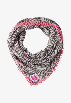 Écharpe gris clair avec motifs de feuilles brun foncé, décorée d'une frange à pompons roses et d'une étiquette violette portant l'inscription « SuperDry ».