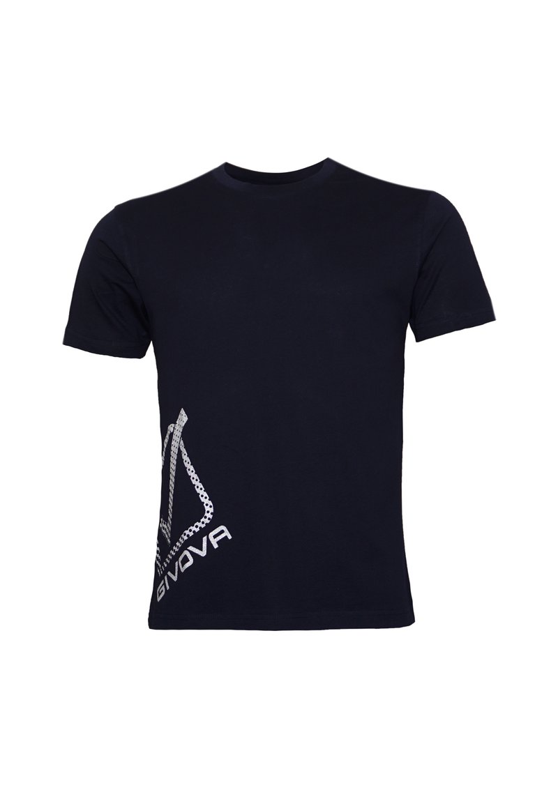 Camiseta de algodón negra con mangas cortas, que presenta un patrón geométrico blanco y un logo en el lado izquierdo. Textura suave, diseño casual.