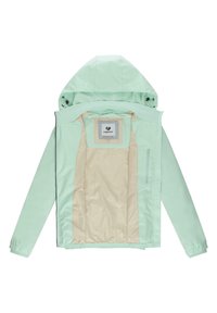 Mintgroene windbreakerjas met een ritssluiting aan de voorkant, verstelbare capuchon, elastische manchetten en een beige voering. Heeft een logolabel aan de binnenkant.