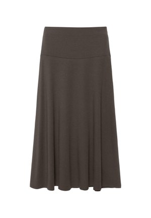 Jupe trapèze brun foncé longueur genoux avec une large ceinture, tissu lisse et légère évasement à l'ourlet.