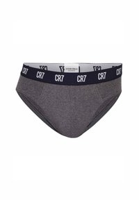 Graue Baumwollunterhose mit einem Marineblauen, elastischen Bund, der wiederholt mit "CR7"-Marken versehen ist. Glatte Textur und konturierte Form für Komfort.